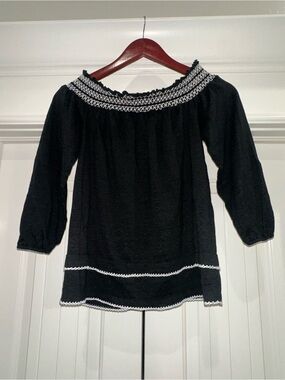 White House Black Market Black Smocked Peasant Top XS Contrast Stitch Boho
